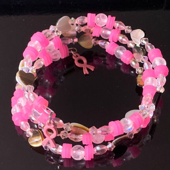 Hand Crafted Jewelry - Breast Cancer Awareness beaded coil bracelet (Handmade)